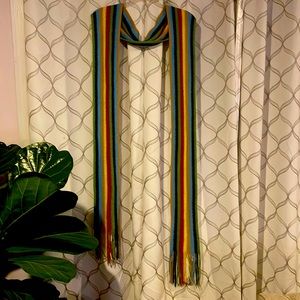 Extra long multi-colored knit scarf with fringes edges